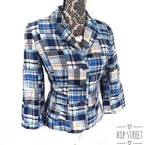 LOFT Madras Plaid Patchwork 3 Button Cotton Blazer Jacket 6